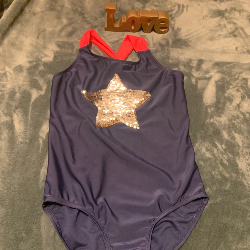 Navy blue bathing suit.